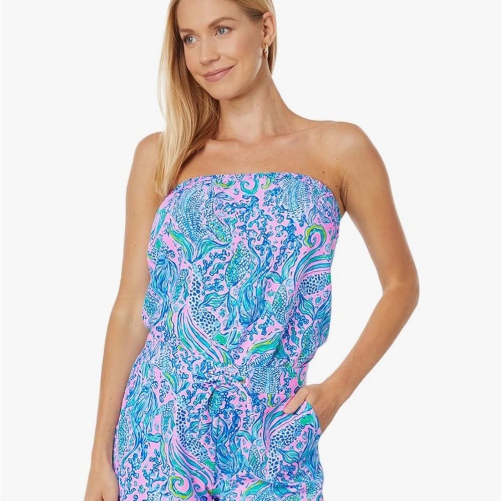 Lilly Pulitzer Blue and Pink Mermaids Strapless Jumpsuit